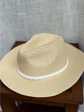 Rachel Zoe Beige Straw Sun Hat with White Inner Trim